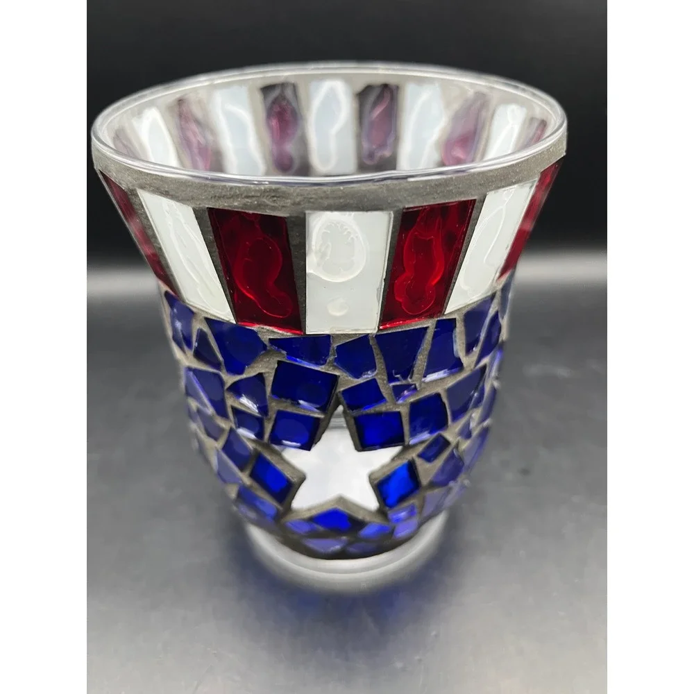Vtg Home Interior Patriotic Mosaic Candle Holder Red White Blue‎ 5.5" x 4.25" - Picture 6 of 7